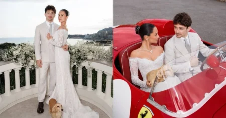 Casamento de Charles Leclerc detalhes do vestido de Alexandra Saint Mleux em Mônaco hoje Casamento de Charles Leclerc detalhes do vestido de Alexandra Saint Mleux em Mônaco hoje